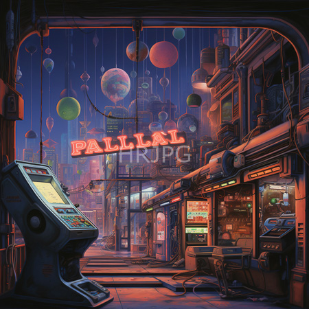 High Resolution: Atmospheric neon-lit urban street at night in cyberpunk style with vibrant colors a PALLAL sign and arcade machines lining both sides download. | HRJPG.com