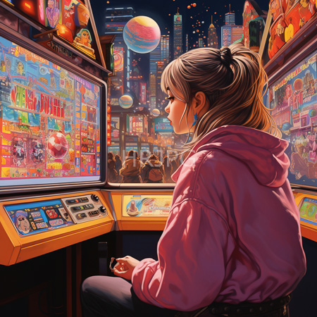 High Resolution: Anime-style girl with brown hair in a ponytail wearing a pink hoodie sitting at vintage arcade machines with a neon-lit cityscape background download. | HRJPG.com