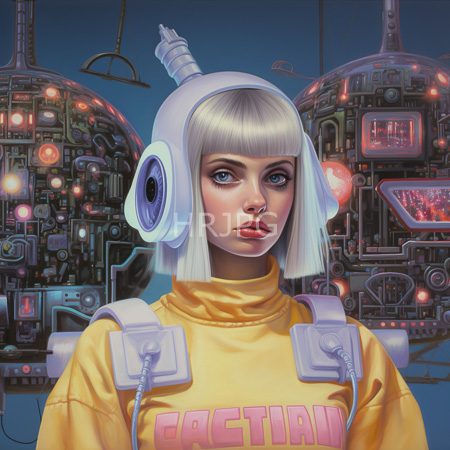 High Resolution: Anime-style woman with pale skin blue eyes and a white bob haircut wears futuristic headphones and a yellow turtleneck sweater download. | HRJPG.com
