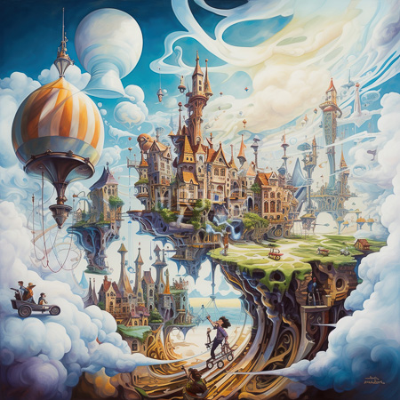 High Resolution: Elaborate whimsical painting depicting a fantastical floating cityscape with towering medieval-style buildings and colorful striped balloons download. | HRJPG.com