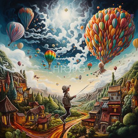 High Resolution: Enchanting village scene with colorful hot air balloons a child guides a large orange and green balloon on a winding road download. | HRJPG.com