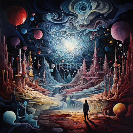 High Resolution: Abstract surreal landscape with swirling colors and patterns under a starry sky filled with floating balloons in various colors download. | HRJPG.com