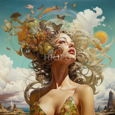 High Resolution: Ethereal woman with flowing curly blonde hair adorned by butterflies and nature elements gazes upward in a floral dress download. | HRJPG.com