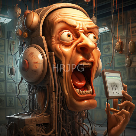 High Resolution: Hyper-realistic grotesque humanoid figure with large eyes and mouth wide open in shock with mechanical components attached to its head download. | HRJPG.com