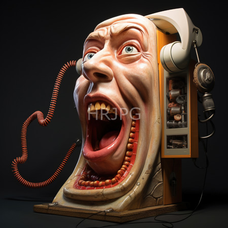 High Resolution: Grotesque human face with wide eyes and open mouth attached to vintage audio equipment with headphones and a coiled red cord download. | HRJPG.com