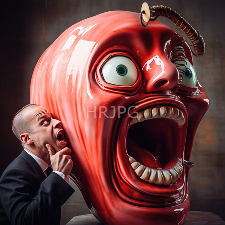 High Resolution: Angry red-skinned monster with large eyes and teeth and a bald man in a black suit gripping its chin against a dark background download. | HRJPG.com