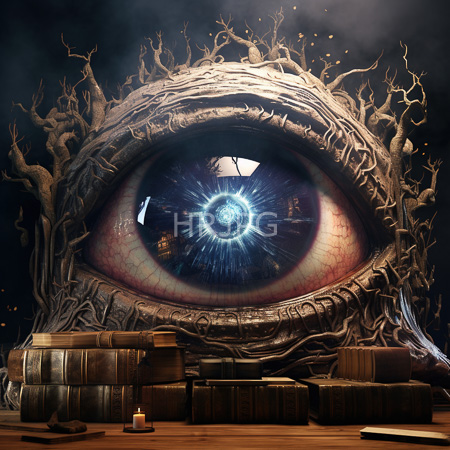 High Resolution: Enormous detailed eye with intricate tree-like veins and branches surrounding it with stacks of old leather-bound books nearby download. | HRJPG.com