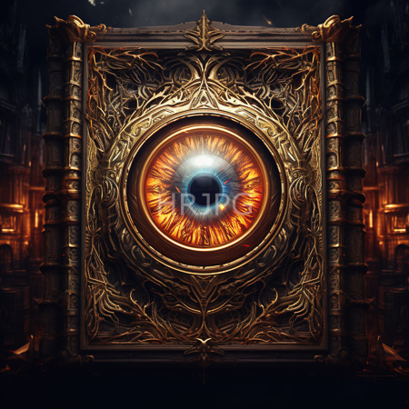 High Resolution: Intricately carved golden rectangular frame with elaborate patterns surrounding a central glowing eye-like orb in orange and blue hues download. | HRJPG.com
