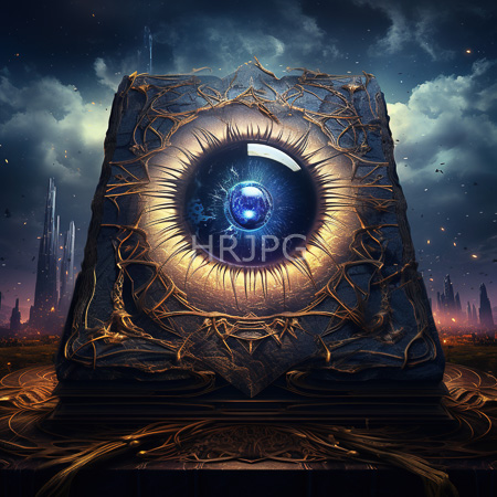 High Resolution: Ancient stone cube with intricate golden veins surrounding its central blue crystal eye glowing intensely under dark skies download. | HRJPG.com