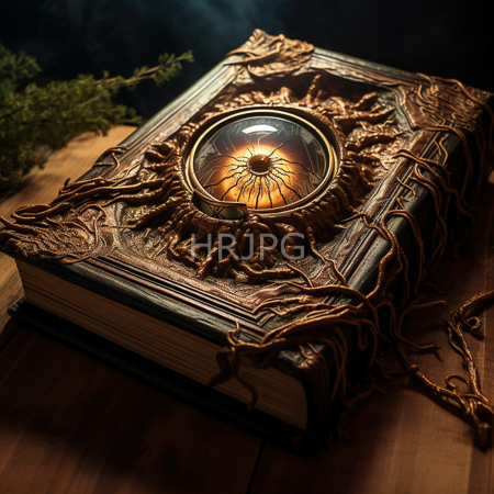 High Resolution: Ornate ancient-looking book with intricate golden vines and leaves covering its cover and a circular glass window revealing orange patterns download. | HRJPG.com