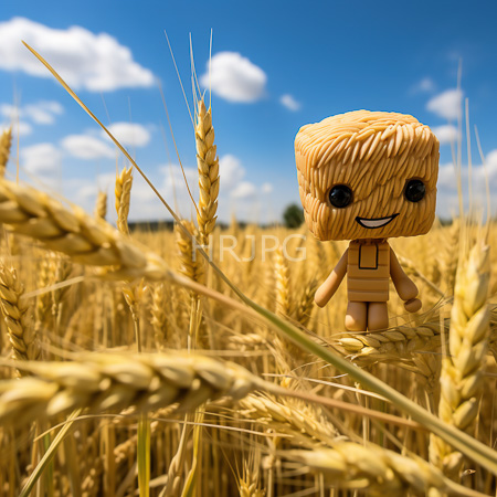 High Resolution: Small wooden toy figure with black eyes and a smile standing in a wheat field under a bright blue sky with white clouds download. | HRJPG.com