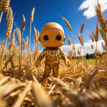 High Resolution: Orange miniature action figure resembling a Star Wars character standing in a tall golden wheat field under a bright blue sky download. | HRJPG.com