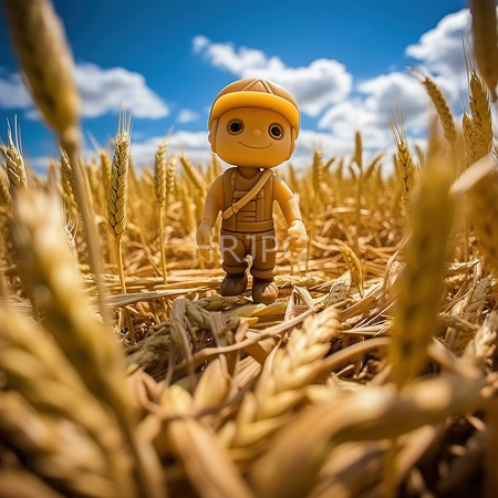 High Resolution: Adorable small plastic farmer figurine with yellow headgear and brown overalls standing in tall golden wheat under a bright blue sky download. | HRJPG.com