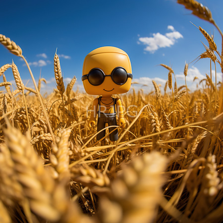 High Resolution: Adorable yellow plastic figurine with round black sunglasses standing in a tall golden wheat field under a clear blue sky download. | HRJPG.com