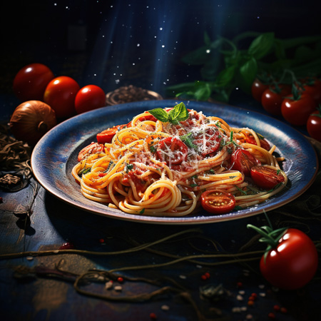 High Resolution: Gourmet spaghetti dish on a blue ceramic plate topped with cherry tomatoes Parmesan cheese and fresh basil leaves on a dark wooden table download. | HRJPG.com