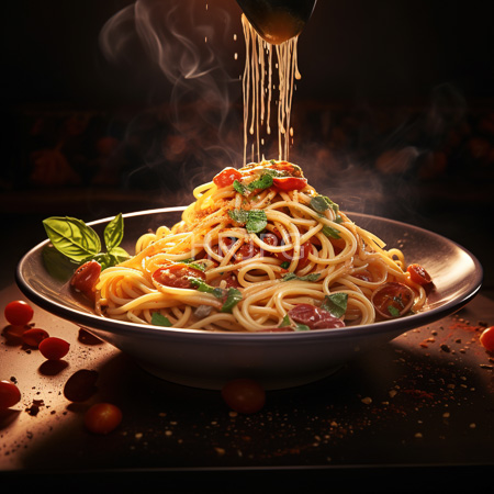 High Resolution: Artfully arranged plate filled with spaghetti topped generously with cherry tomatoes and fresh basil leaves with olive oil being poured over it download. | HRJPG.com