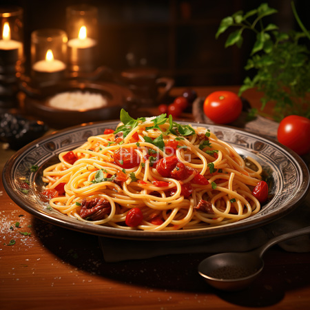 High Resolution: Gourmet spaghetti dish in an ornate gray plate topped with cherry tomatoes and garnished with fresh basil leaves on a wooden table with lit candles download. | HRJPG.com
