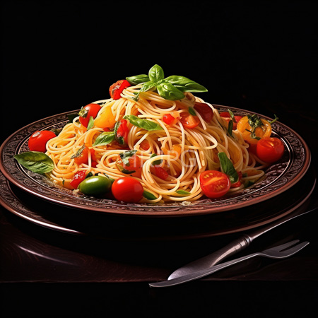 High Resolution: Elegant plate filled with spaghetti garnished with vibrant cherry tomatoes green bell pepper slices and fresh basil leaves download. | HRJPG.com