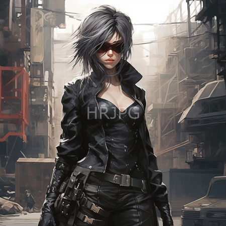 High Resolution: Attractive dark-haired woman with messy hair and red sunglasses in a cyberpunk cityscape wearing a black leather jacket and thigh holsters download. | HRJPG.com