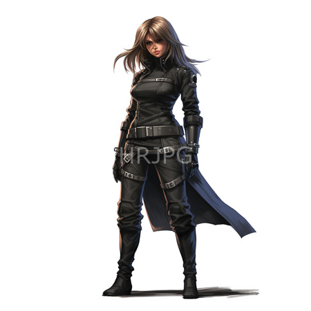 High Resolution: Attractive young woman with long brown hair stands confidently against a white background wearing black leather tactical gear with buckles download. | HRJPG.com