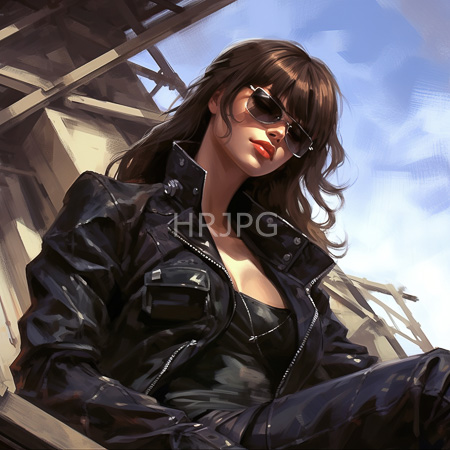 High Resolution: Attractive woman with long brown hair wears black sunglasses and a shiny leather jacket sitting against dilapidated wooden structures download. | HRJPG.com