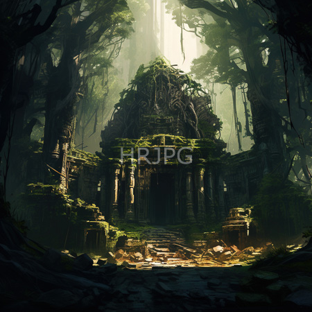High Resolution: Ancient moss-covered temple in a dense forest with towering trees sunlight filtering through foliage and steps leading to its dark entrance download. | HRJPG.com