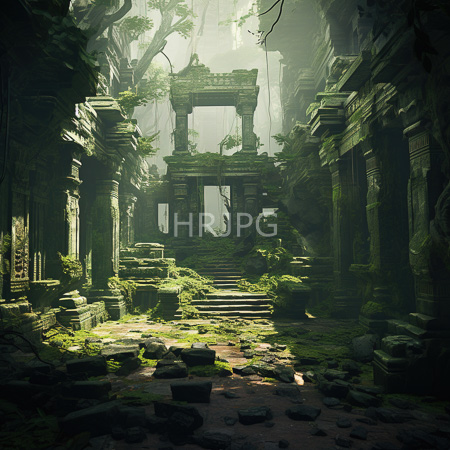 High Resolution: Ancient overgrown jungle temple with moss-covered stone pillars and steps leading to partially ruined structures in soft green light download. | HRJPG.com