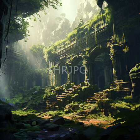 High Resolution: Ancient moss-covered stone temple in a dense forest with intricate carvings and arches obscured by greenery on steep steps download. | HRJPG.com