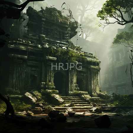 High Resolution: Ancient moss-covered stone temple in dense jungle foliage with weathered steps leading to a dark entrance flanked by columns download. | HRJPG.com