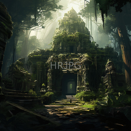 High Resolution: Ancient moss-covered temple in a dense jungle with sunlight rays piercing through trees and steps leading to a dark entrance download. | HRJPG.com