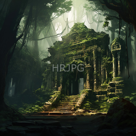High Resolution: Ancient moss-covered stone temple in a dense jungle with sunlight filtering through trees and worn steps leading up to a dark entrance download. | HRJPG.com