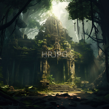 High Resolution: Ancient moss-covered temple in dense jungle foliage with sunlight filtering through trees and steps leading to a darkened interior entrance download. | HRJPG.com