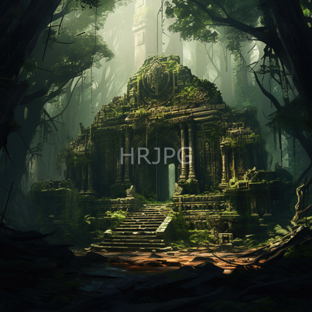 High Resolution: Ancient moss-covered temple in a dense forest with sunlight filtering through trees and stone steps leading to a dark entrance flanked by columns download. | HRJPG.com