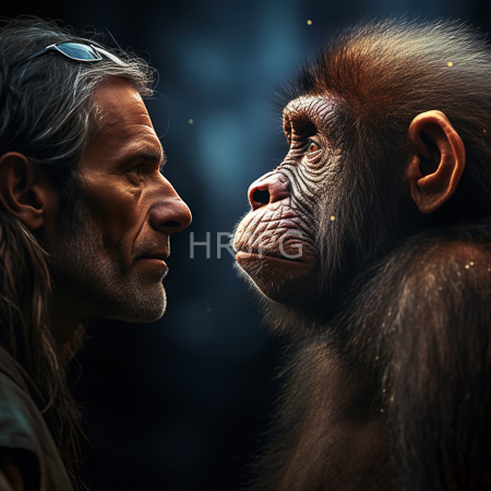 High Resolution: Intense close-up of a middle-aged man with long gray hair and blue-tinted sunglasses facing off against a young chimpanzee in profile download. | HRJPG.com