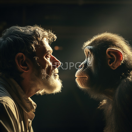 High Resolution: Intense close-up moment between a bearded middle-aged man with tousled gray hair facing a young chimpanzee in profile with dramatic shadows download. | HRJPG.com