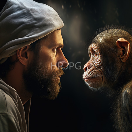 High Resolution: Intense close-up of a bearded man with light skin and brown hair wearing a gray headscarf facing a chimpanzee against a dark background download. | HRJPG.com
