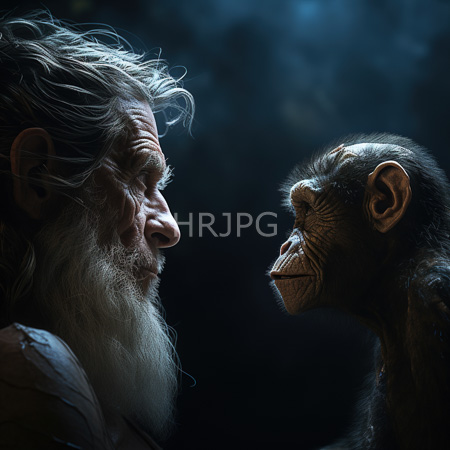 High Resolution: Elderly man with white hair and beard wearing tattered clothing facing closely to a young monkey against a dark blue background download. | HRJPG.com