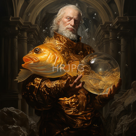High Resolution: Elderly white man with a gray beard wearing ornate golden armor holds two fish in front of dark stone columns in dim lighting download. | HRJPG.com