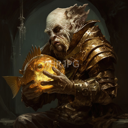 High Resolution: Elderly bald humanoid with wrinkled skin and elf-like ears holds a glowing golden fish in both hands wearing ornate medieval-style armor download. | HRJPG.com