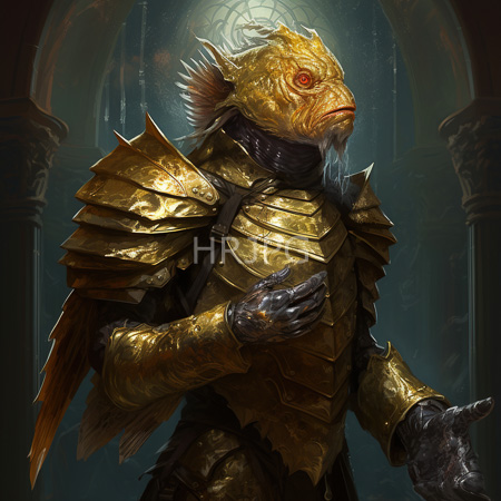 High Resolution: Armored bird-like humanoid with golden scales and red eyes standing in dim cathedral light with intricately detailed armor download. | HRJPG.com