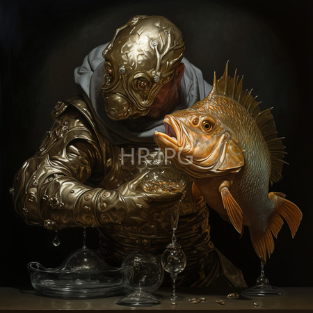 High Resolution: Armored humanoid fish creature with detailed scales and fins holds a large orange-scaled fish against a dark background download. | HRJPG.com