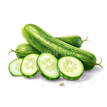 High Resolution: Four green cucumbers three whole and one sliced into five round pieces with visible seeds on a plain white background download. | HRJPG.com