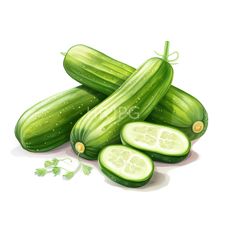 High Resolution: Five green cucumbers with light and dark stripes and water droplets one halved revealing its pale interior with a small sprig of dill download. | HRJPG.com
