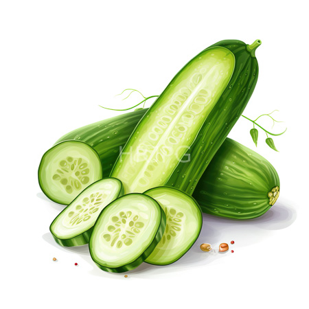 High Resolution: Four green cucumbers with detailed textures and shading one whole and three sliced halves revealing seed patterns on a white background download. | HRJPG.com