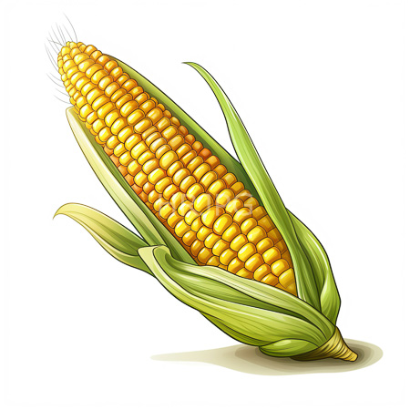 High Resolution: Ear of corn with vibrant yellow kernels partially covered by green husks and silk threads on a white background download. | HRJPG.com