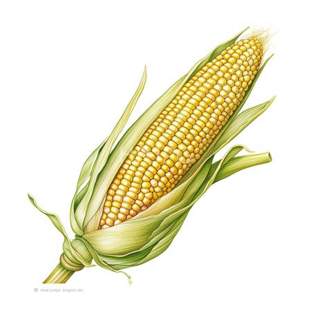 High Resolution: Intricate illustration of a single ear of corn with detailed textures and colors on a white background partially covered by green husk leaves download. | HRJPG.com