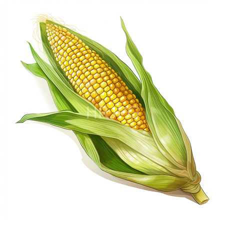 High Resolution: Uncooked whole ear of corn with vibrant yellow kernels and green husk leaves partially peeled back to reveal its texture download. | HRJPG.com