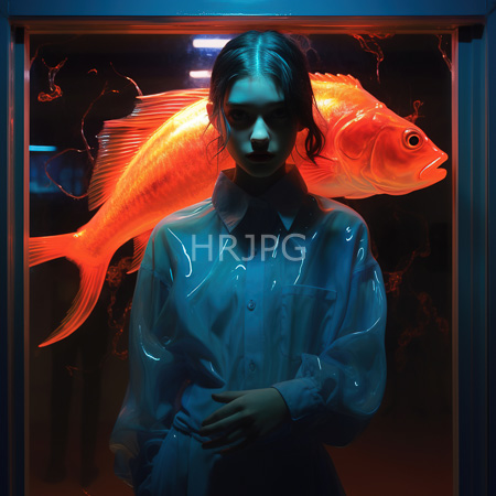 High Resolution: Androgynous person with pale skin dark hair in pigtails wearing a transparent plastic raincoat before an aquarium with a large orange fish download. | HRJPG.com