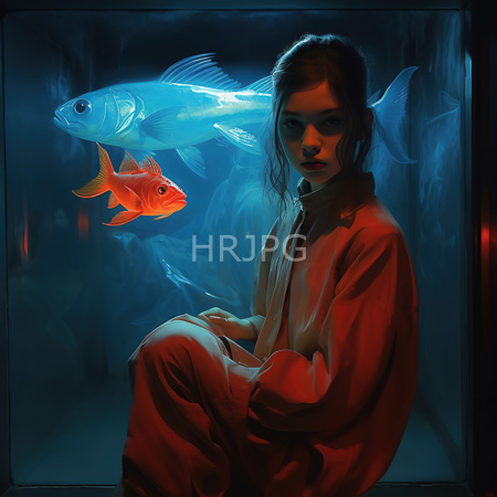 High Resolution: Ethereal young woman with fair skin and brown hair sitting in front of a glass aquarium at night wearing loose red robes download. | HRJPG.com