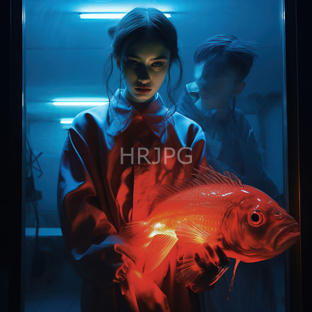 High Resolution: Ethereal blue-lit scene of a young woman with pale skin and dark hair holding a large glowing orange-red goldfish inside glass tanks download. | HRJPG.com